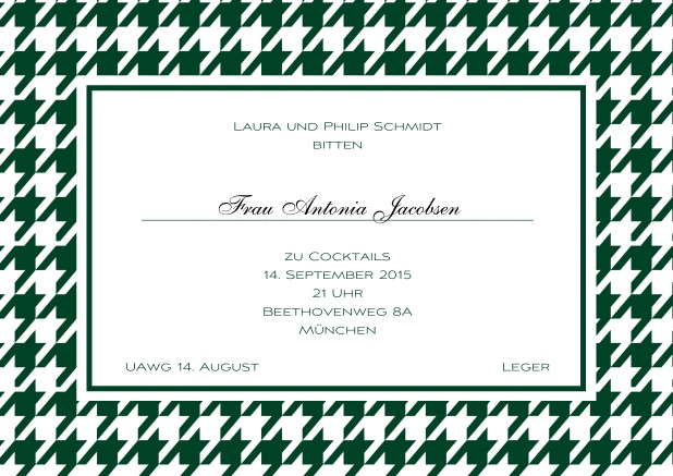 Klassische online Einladungskarte mit grobem Flaggenrahmen und mehreren Farben und editierbarem Text inklusive Linie für den Empfängernamen. Grün.