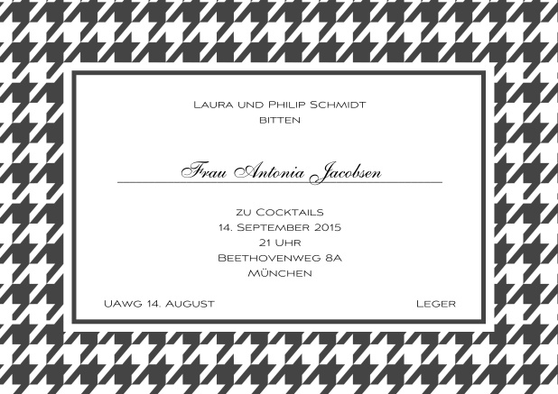 Klassische online Einladungskarte mit grobem Flaggenrahmen und mehreren Farben und editierbarem Text inklusive Linie für den Empfängernamen. Grau.