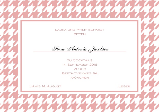 Klassische online Einladungskarte mit grobem Flaggenrahmen und mehreren Farben und editierbarem Text inklusive Linie für den Empfängernamen. Rosa.