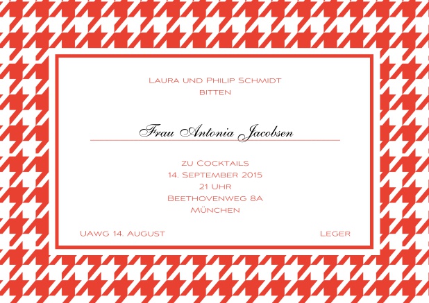 Klassische online Einladungskarte mit grobem Flaggenrahmen und mehreren Farben und editierbarem Text inklusive Linie für den Empfängernamen. Rot.