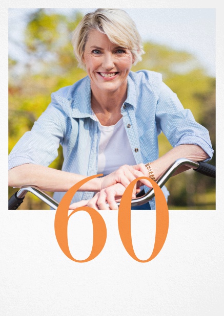 60th birthday photo invitation with an editable number. Orange.