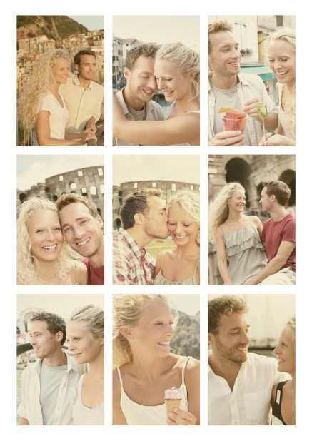 Online Hochzeitseinladungskarte mit neun Fotofeldern auf der ersten von vier gestalteten Seiten.