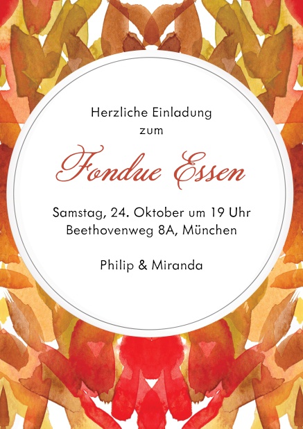 Herbstliche online Einladungskarte zum Erntedankfest mit Wasserfarben Blättern.