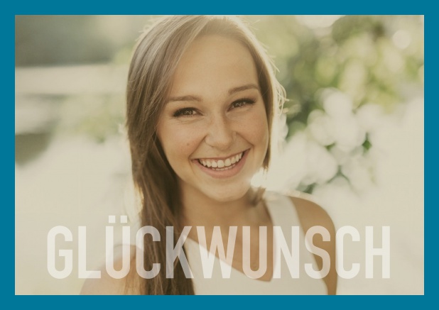 Online Geburtstagskarte mit Foto und Glückwunsch Text und weißem Rahmen und zweiter Seite mit Geburtstagswünsche. Blau.