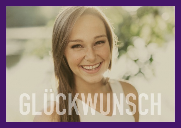 Online Geburtstagskarte mit Foto und Glückwunsch Text und weißem Rahmen und zweiter Seite mit Geburtstagswünsche. Lila.