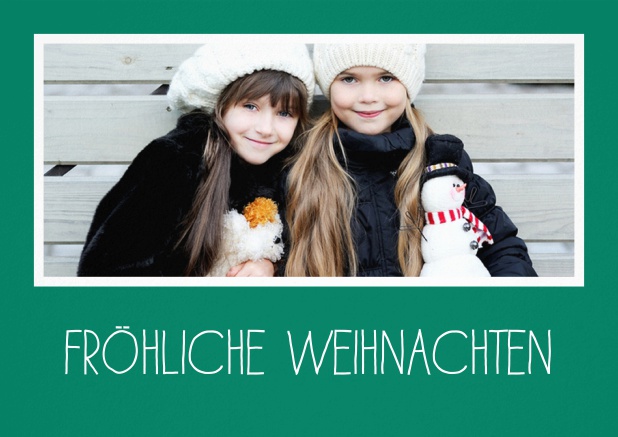 Weihnachtskarte mit großem Foto und weißem Rahmen in mehreren Farbvariationen. Weitere Fotooptionen auf den Folgeseiten. Grün.