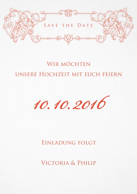 Save the Date Karte zur Hochzeit mit roter Deko.