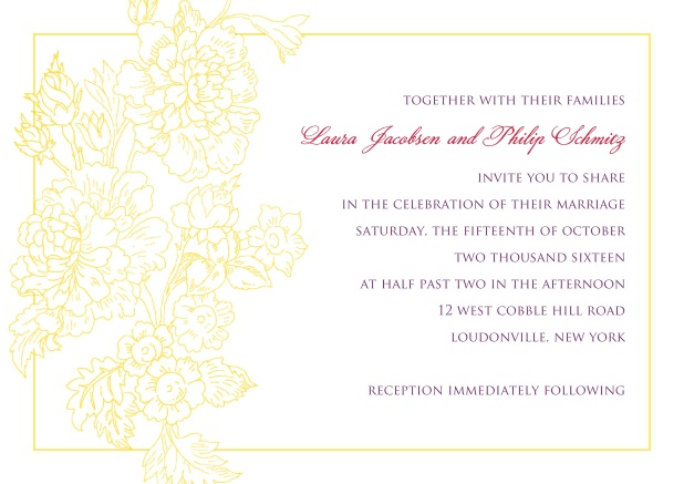 Golden flowers - Wedding invitation cards Online wedding invitation card with thin golden frame and gold leaf.