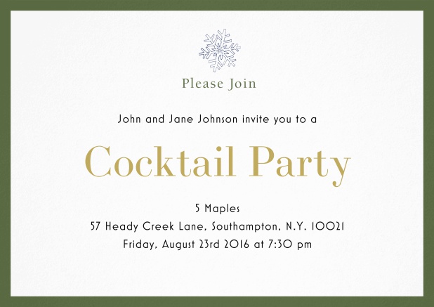 Cocktail party invitation card with snow flake and colorful frame. Green.