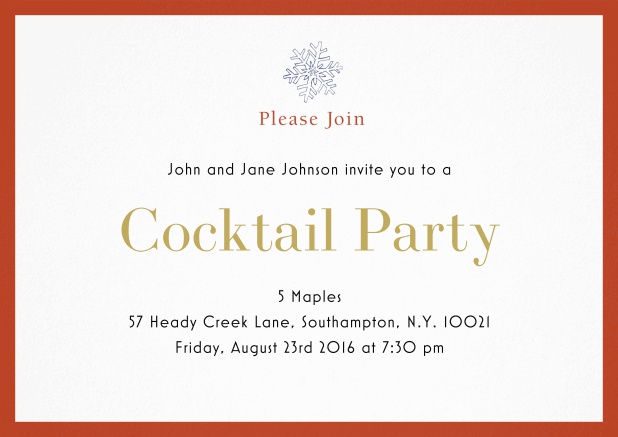 Cocktail party invitation card with snow flake and colorful frame. Orange.