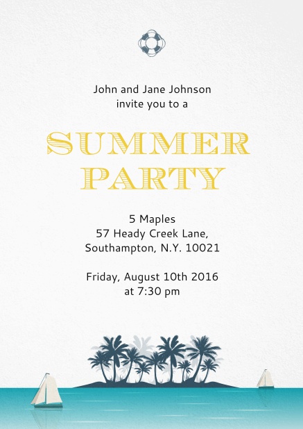 Einladungskarte zum Sommerfest mit Palmeninsel und Segelbooten.