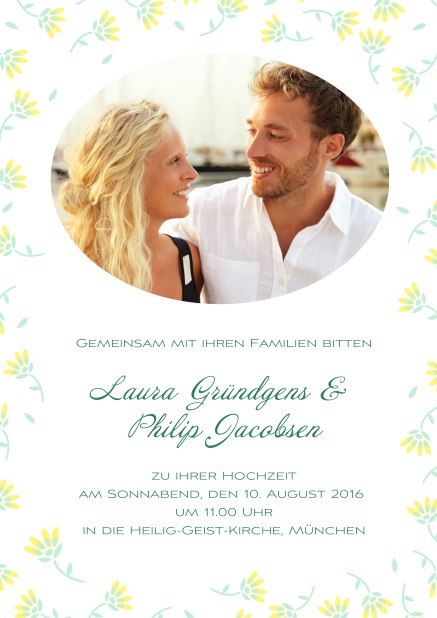 Online Einladungskarte zur Hochzeit mit grünen und gelben Blumen und ovalem Fotofeld. Gelb.