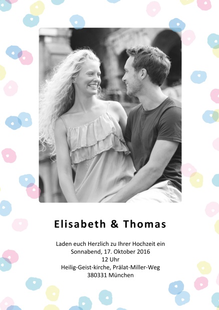 Zart bunte Freude - Fotokarten Online Bunte Kreise dekorieren diese hübsche Einladungskarte zur Hochzeit inkl. Fotofeld.