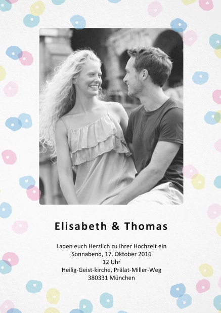 Zart bunte Freude - Fotokarten Bunte Kreise dekorieren diese hübsche Einladungskarte zur Hochzeit inkl. Fotofeld.