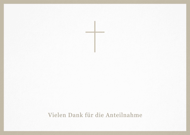 Trauer-Danksagungskarte mit Kreuz und Rahmen in schwarz oder gedeckten Farben und Foto auf der Innenseite. Beige.