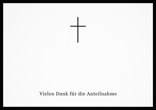 Trauer-Danksagungskarte mit Kreuz und Rahmen in schwarz oder gedeckten Farben und Foto auf der Innenseite. Schwarz.