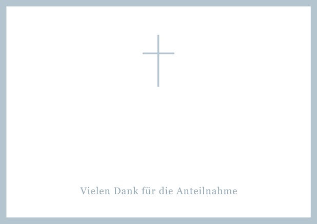 Online Trauer-Danksagungskarte mit Kreuz und Rahmen in schwarz oder gedeckten Farben und Foto auf der Innenseite. Blau.