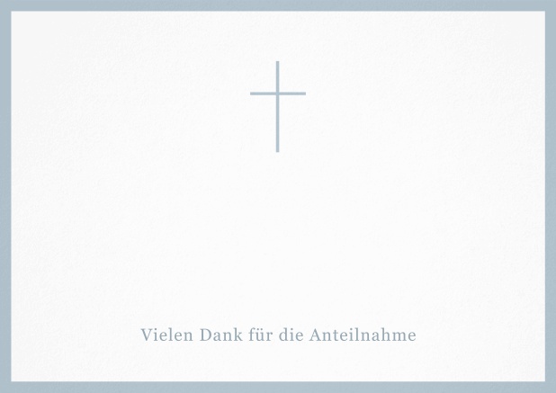 Trauer-Danksagungskarte mit Kreuz und Rahmen in schwarz oder gedeckten Farben und Foto auf der Innenseite. Blau.