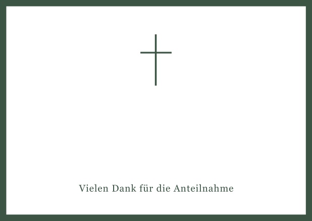 Online Trauer-Danksagungskarte mit Kreuz und Rahmen in schwarz oder gedeckten Farben und Foto auf der Innenseite. Grün.