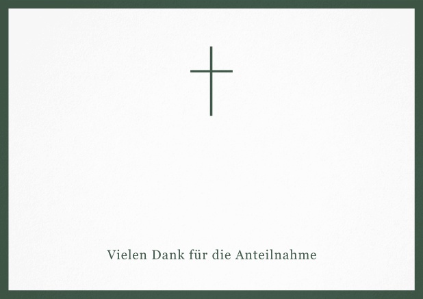 Trauer-Danksagungskarte mit Kreuz und Rahmen in schwarz oder gedeckten Farben und Foto auf der Innenseite. Grün.
