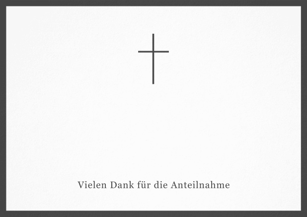 Trauer-Danksagungskarte mit Kreuz und Rahmen in schwarz oder gedeckten Farben und Foto auf der Innenseite. Grau.