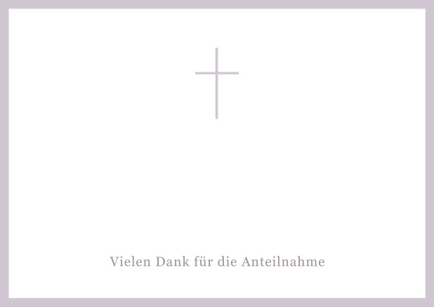 Online Trauer-Danksagungskarte mit Kreuz und Rahmen in schwarz oder gedeckten Farben und Foto auf der Innenseite. Lila.