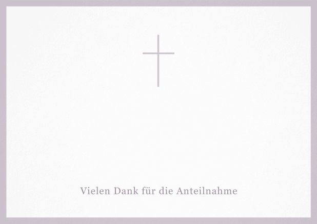 Trauer-Danksagungskarte mit Kreuz und Rahmen in schwarz oder gedeckten Farben und Foto auf der Innenseite. Lila.