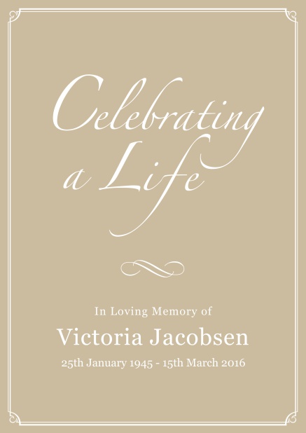 Online Memorial invitation card for celebrating a love one with photo, light frame and in various colors. Beige.
