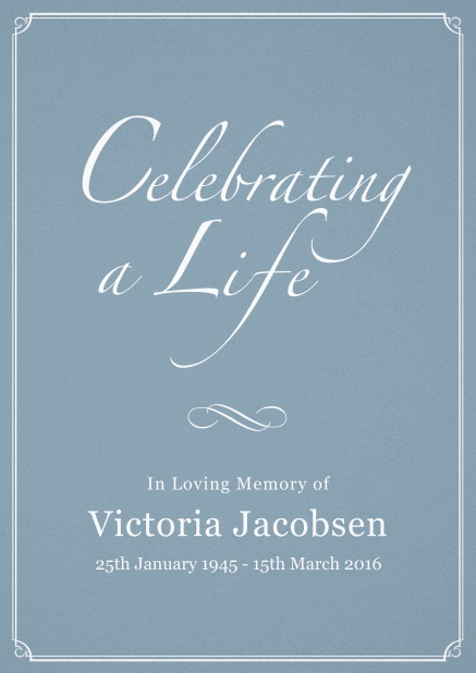 Memorial invitation card for celebrating a love one with photo, light frame and in various colors. Blue.