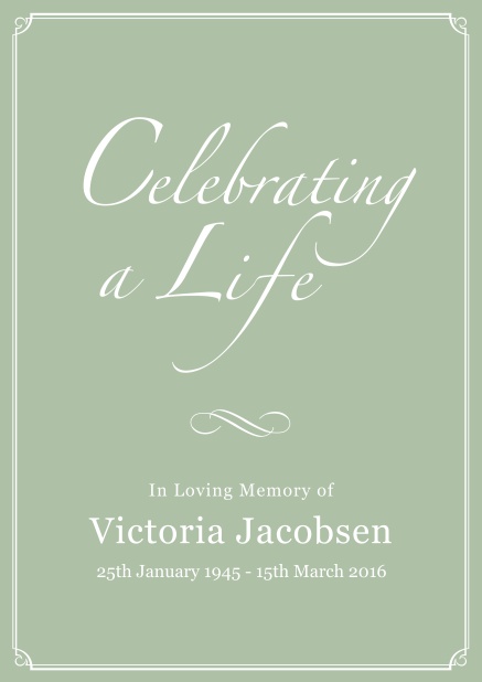 Online Memorial invitation card for celebrating a love one with photo, light frame and in various colors. Green.