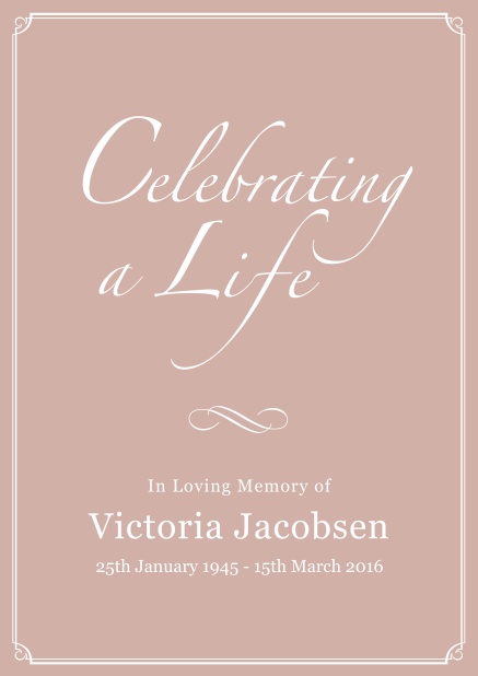 Online Memorial invitation card for celebrating a love one with photo, light frame and in various colors. Pink.