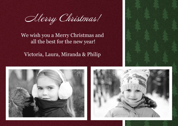 Online Christmas card with two photos on burgundy red and green background.