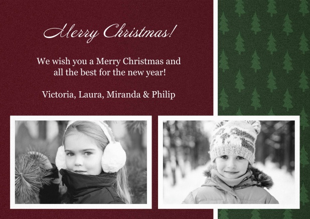 Christmas card with two photos on burgundy red and green background.