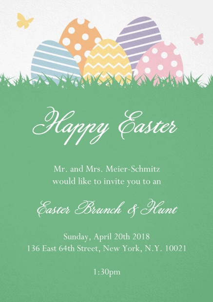 A lively card with Happy Easter text and colorful eggs hinding in the grass, perfect for Easter invitations