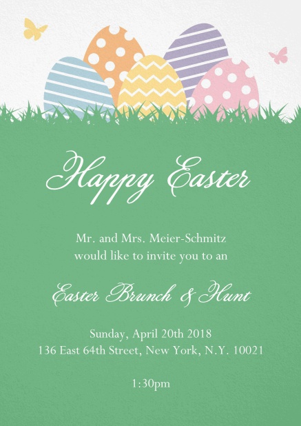Colorful Easter eggs - Easter A lively card with Happy Easter text and colorful eggs hinding in the grass, perfect for Easter invitations