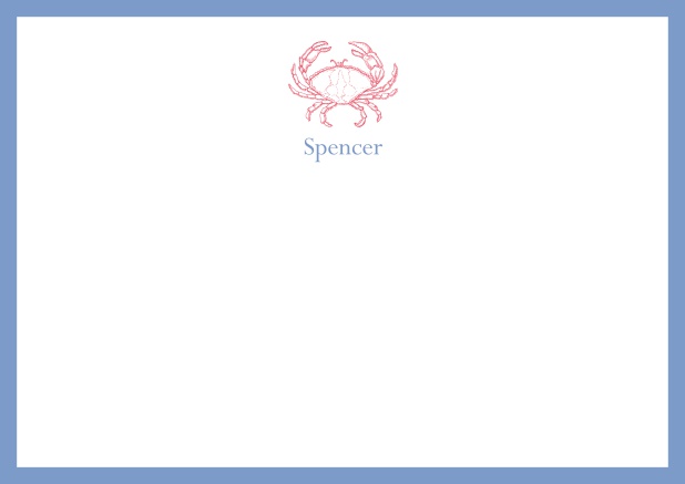 Individuell beschriftbare online Briefkarte mit illustrierter Krabbe und Rahmen in verschiedenen Farben. Blau.