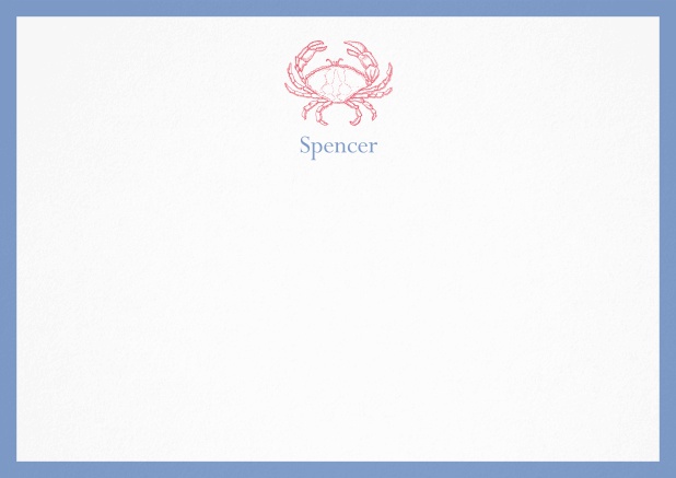 Personalizable note card with illustrated crab and frame in various colors. Blue.