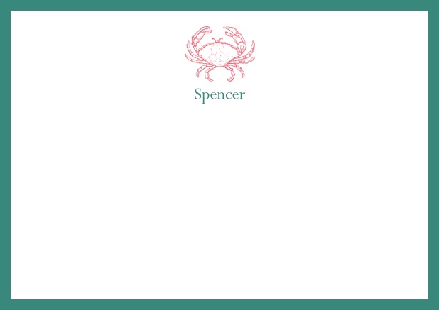 Personalizable online note card with illustrated crab and frame in various colors. Green.