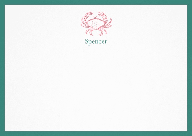 Personalizable note card with illustrated crab and frame in various colors. Green.