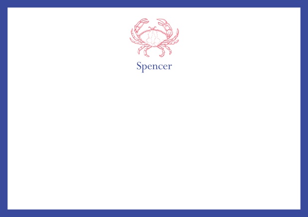 Personalizable online note card with illustrated crab and frame in various colors. Navy.