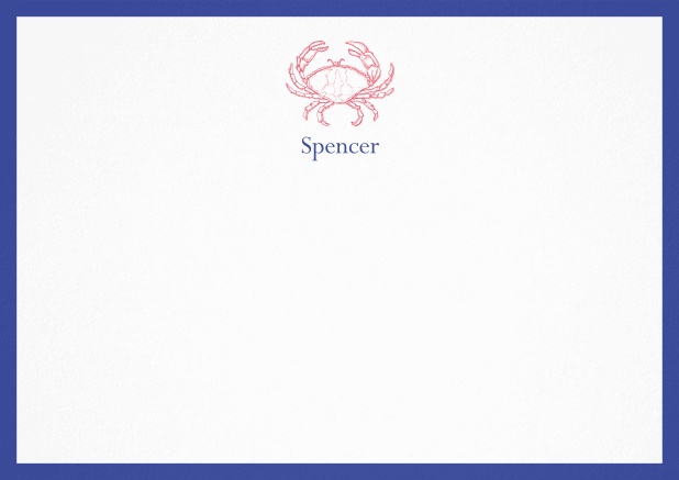 Personalizable note card with illustrated crab and frame in various colors. Navy.