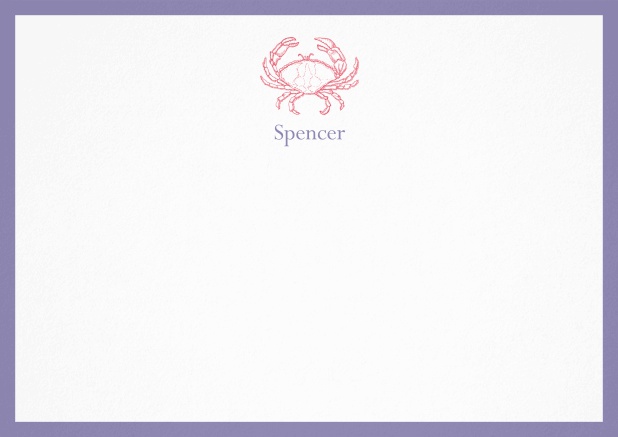 Personalizable note card with illustrated crab and frame in various colors. Purple.