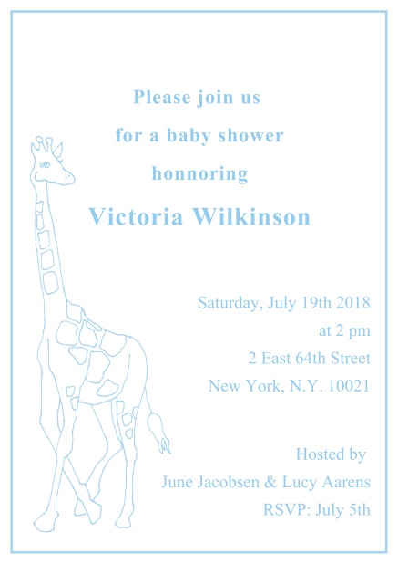 Cute classic online invitation card with illustrated giraffe and editable text. Blue.