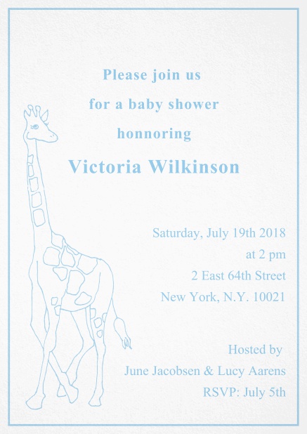 Cute classic invitation card with illustrated giraffe and editable text. Blue.
