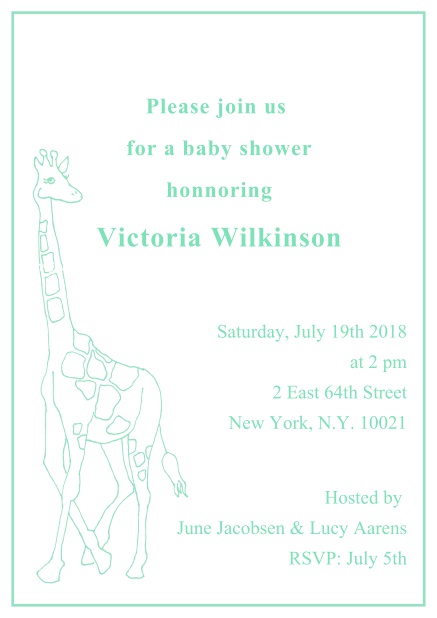 Cute classic online invitation card with illustrated giraffe and editable text. Green.