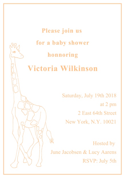 Cute classic online invitation card with illustrated giraffe and editable text. Orange.