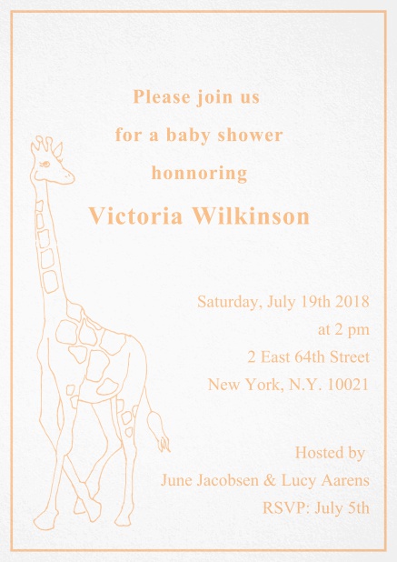 Cute classic invitation card with illustrated giraffe and editable text. Orange.