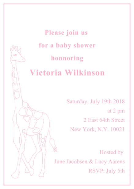Cute classic online invitation card with illustrated giraffe and editable text. Pink.