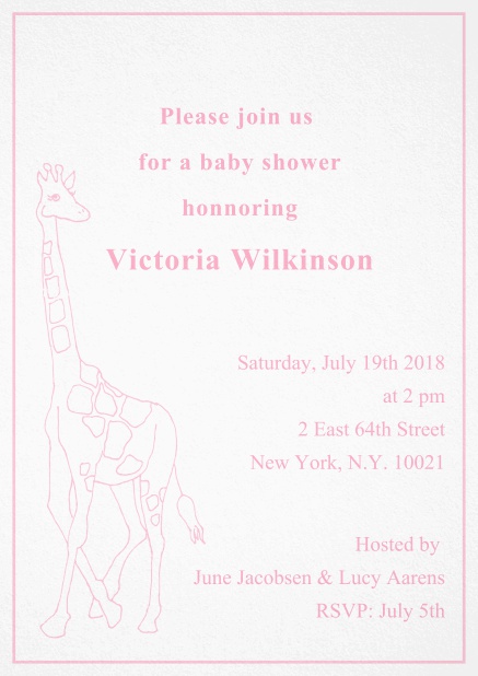 Cute classic invitation card with illustrated giraffe and editable text. Pink.