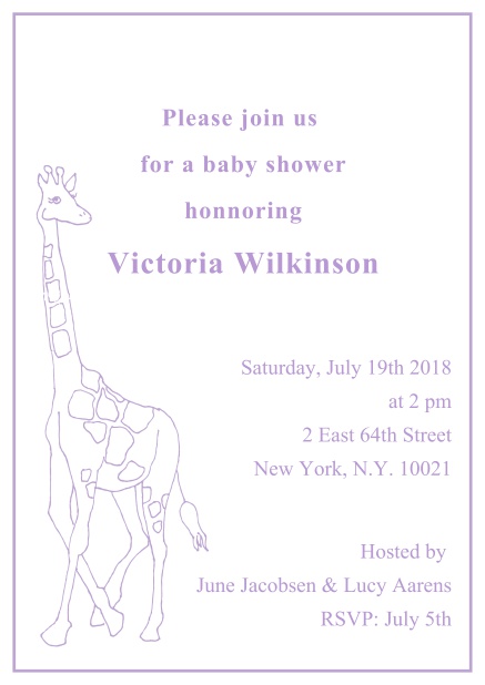 Cute classic online invitation card with illustrated giraffe and editable text. Purple.